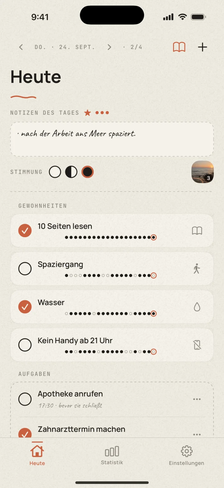 Dotted-Ansicht Heute mit Gewohnheiten, Aufgaben und einer Tagesnotiz