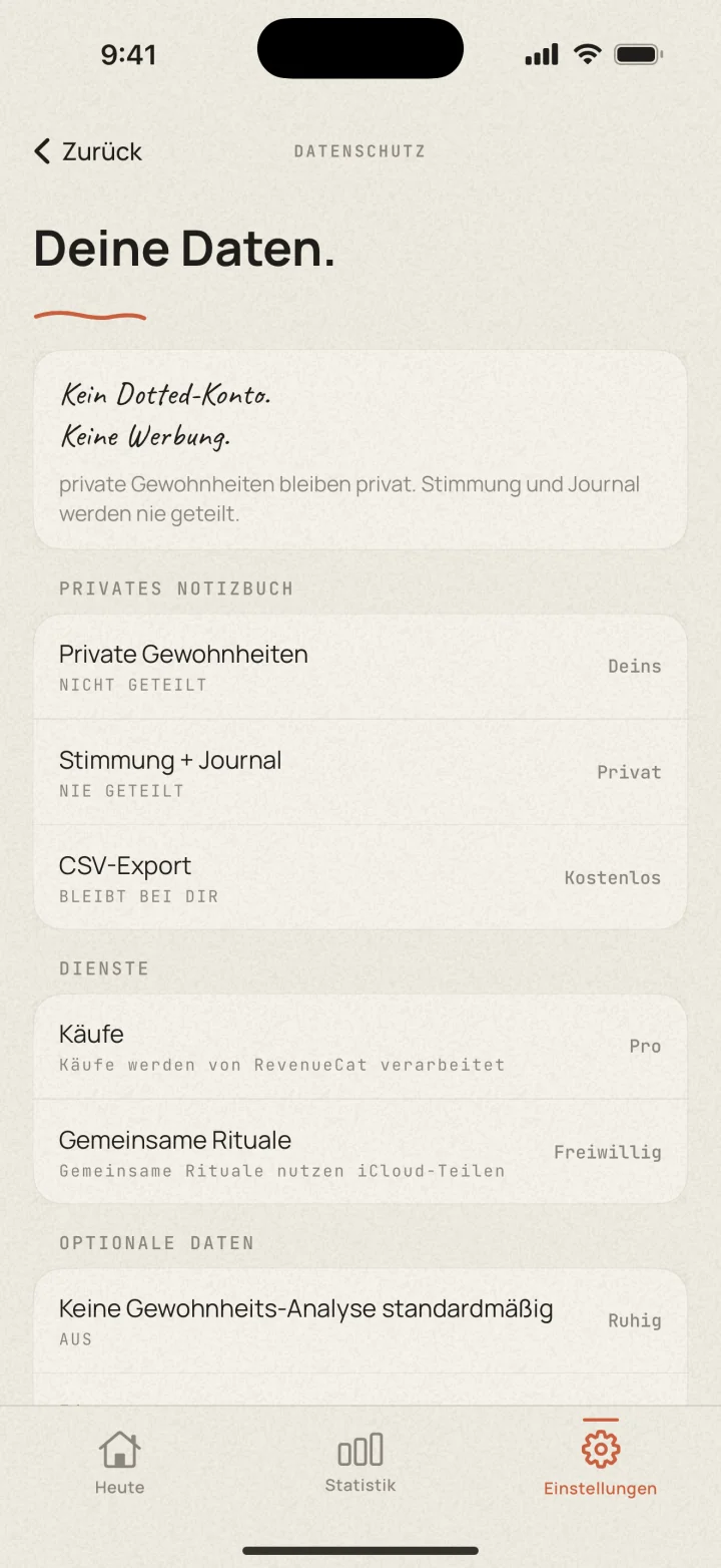 Dotted-Datenschutzeinstellungen: kein Konto, keine Werbung