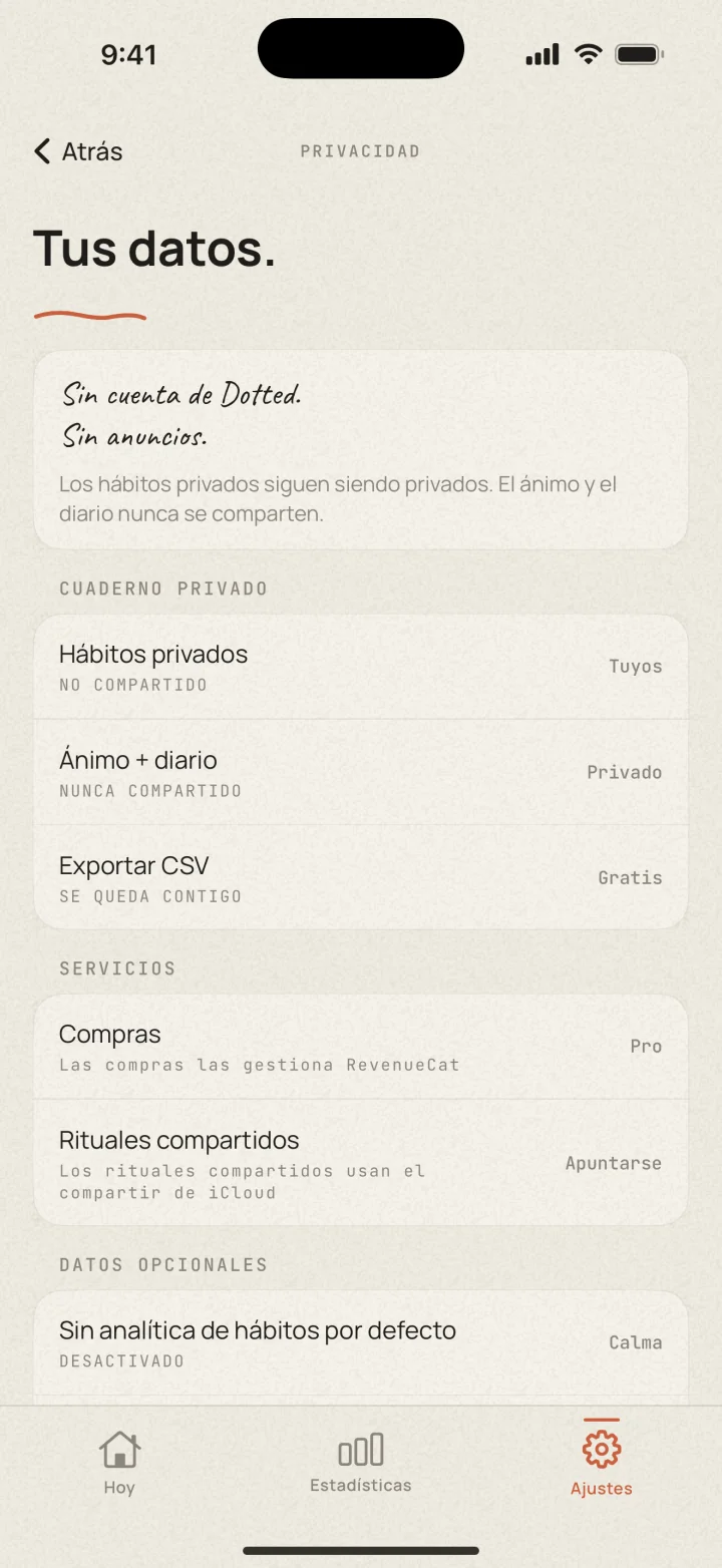 Ajustes de privacidad de Dotted: sin cuenta, sin anuncios