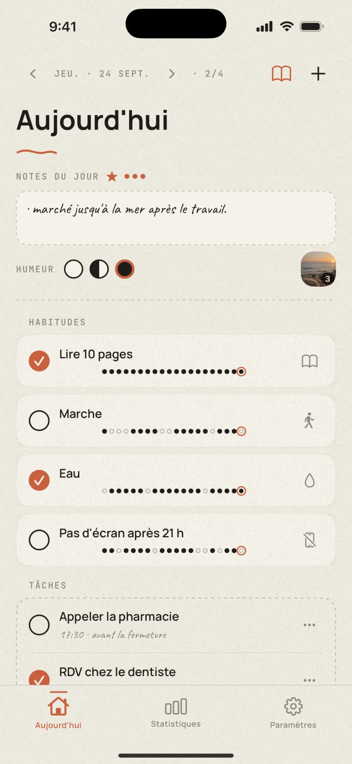 Écran Aujourd’hui de Dotted, avec habitudes, tâches et note du jour