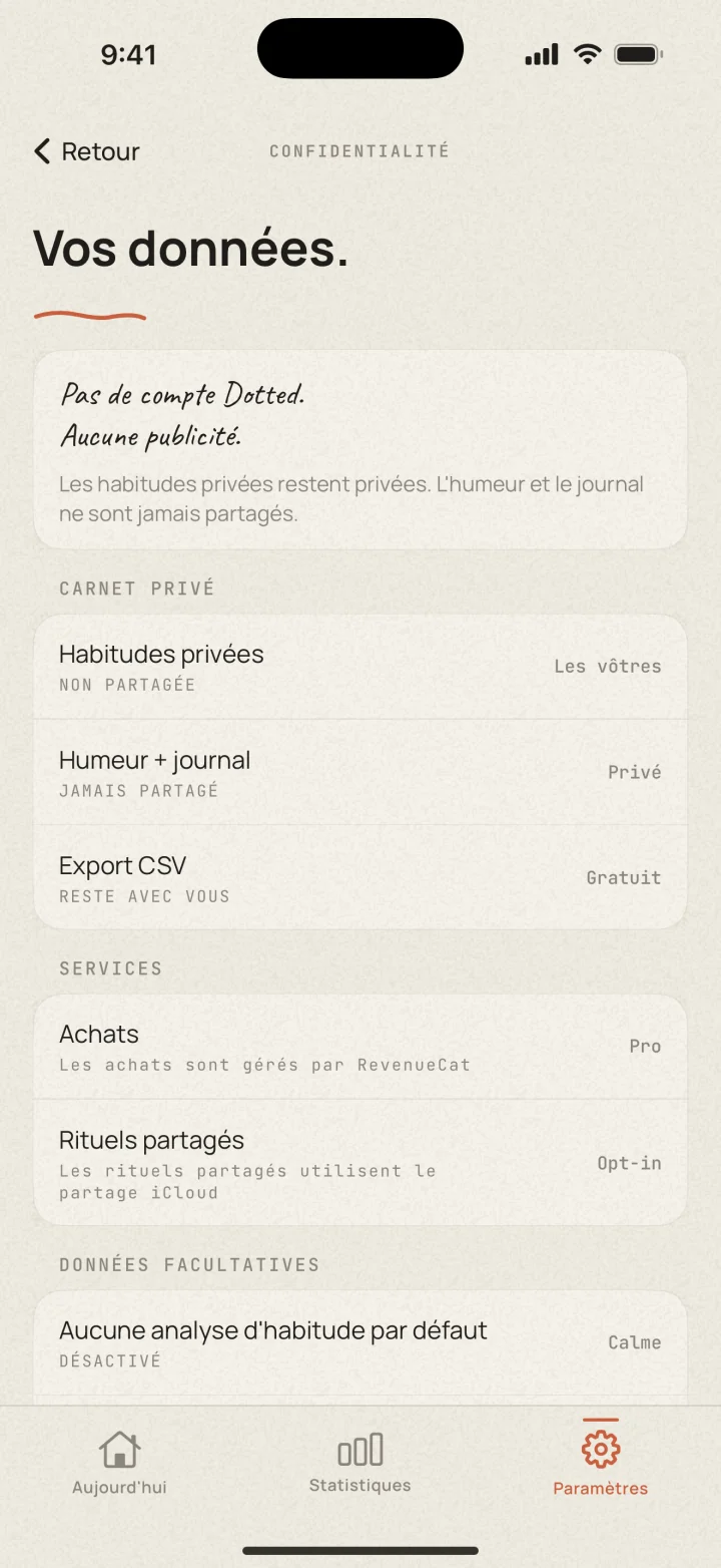 Paramètres de confidentialité de Dotted : sans compte, sans pub