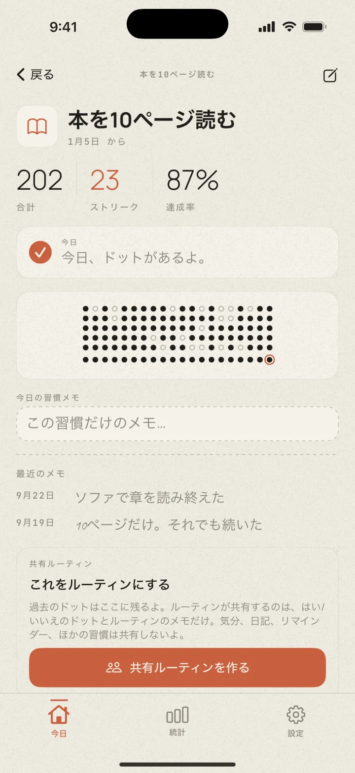 ドットのグリッドが並ぶDottedの習慣詳細画面