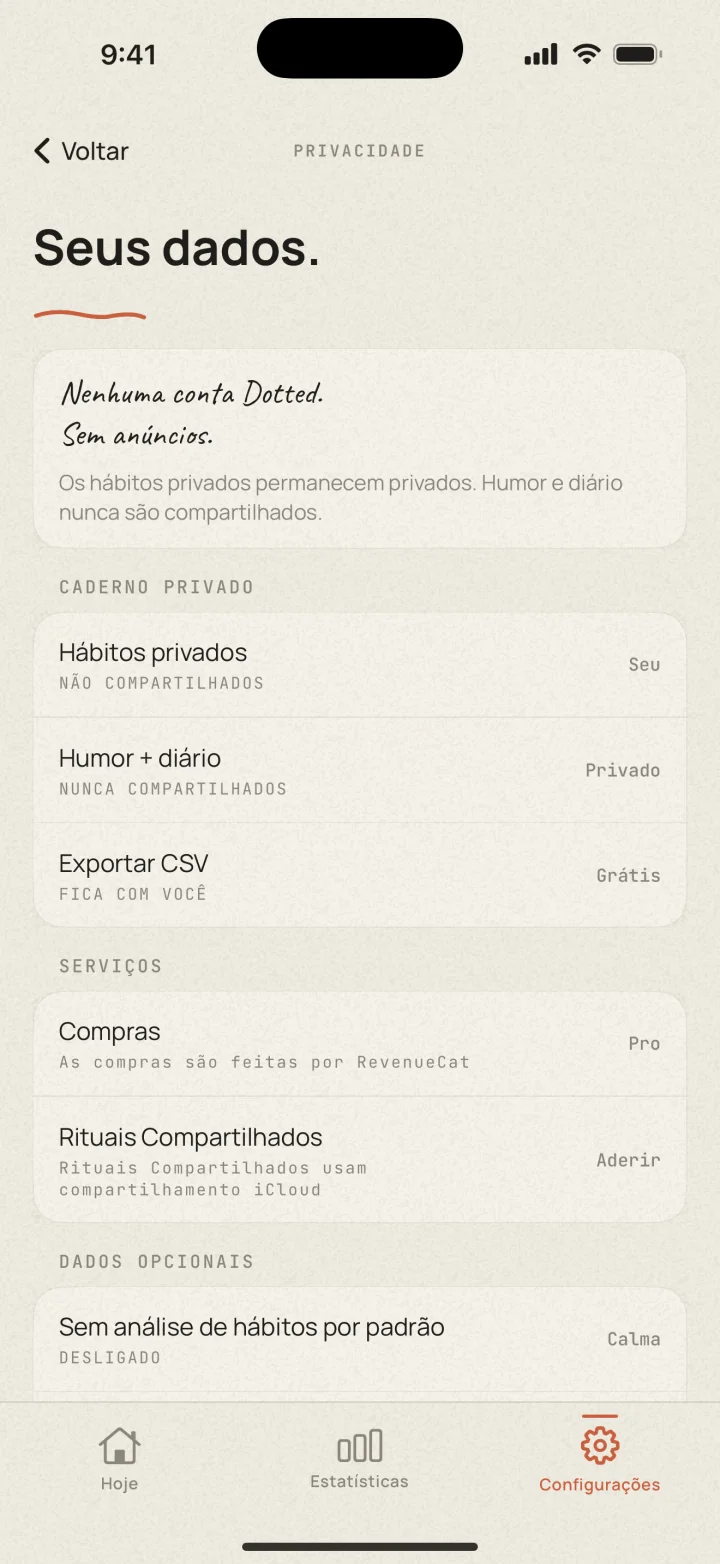 Configurações de privacidade do Dotted: sem conta, sem anúncios