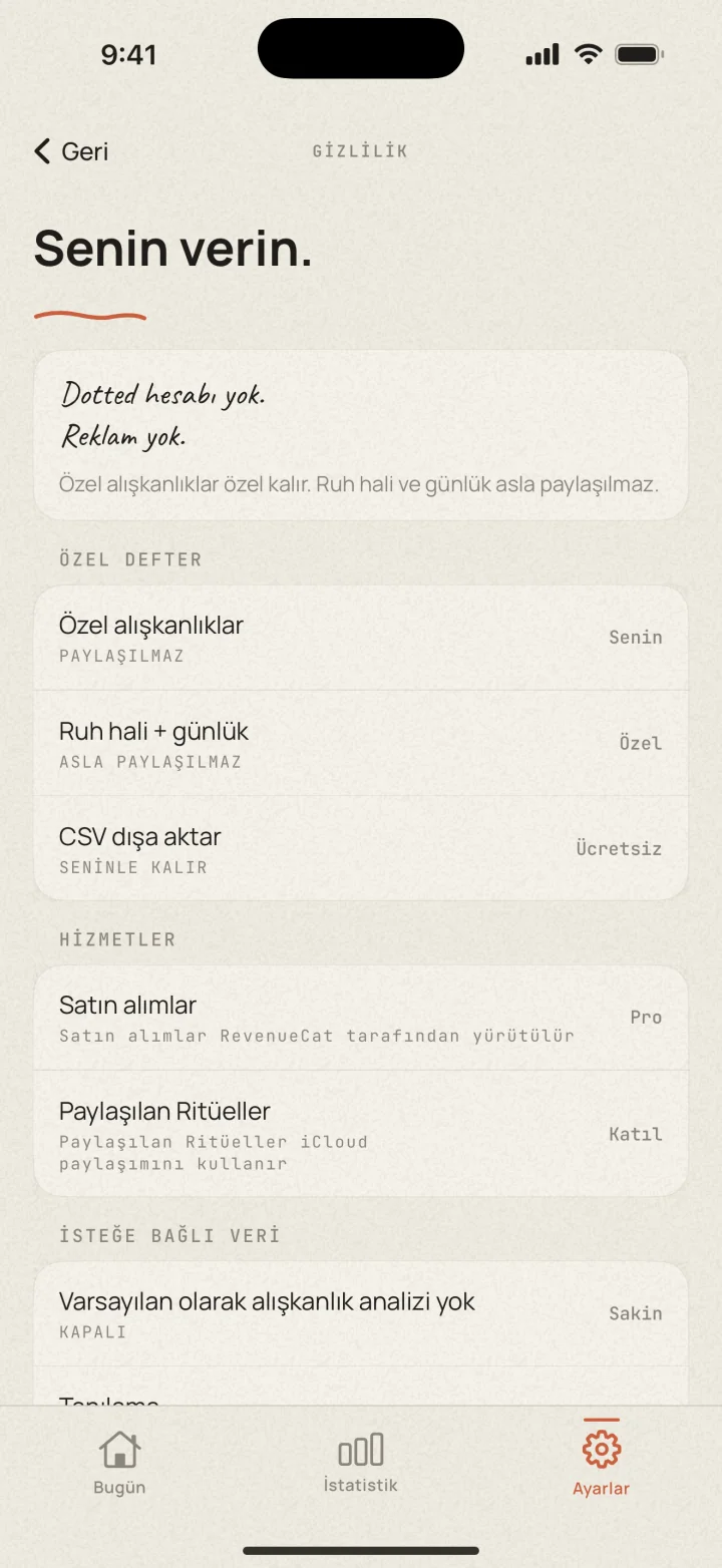 Dotted gizlilik ayarları: hesap yok, reklam yok