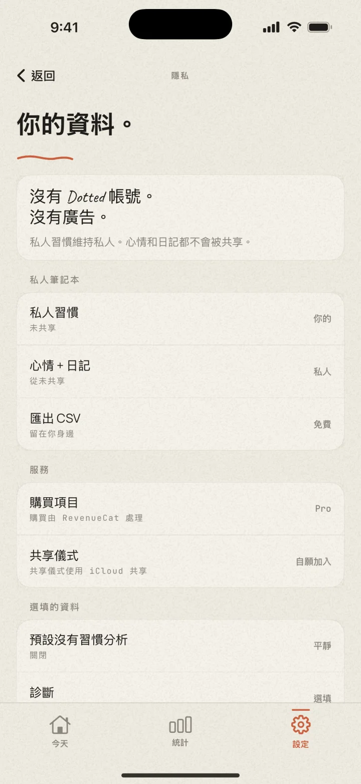 Dotted 隱私設定:沒有帳號,沒有廣告